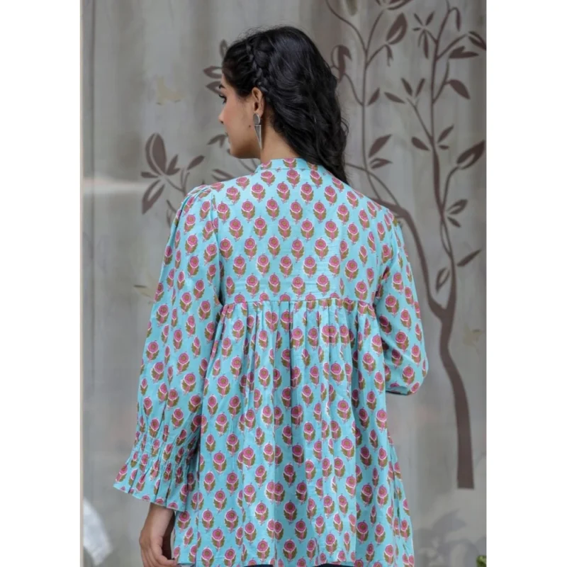 Generic Women's Cotton Printed Full Sleeve Mandarin collar Tunics (Turquoise) - Image 4