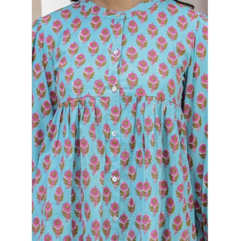 Generic Women's Cotton Printed Full Sleeve Mandarin collar Tunics (Turquoise) - Image 2