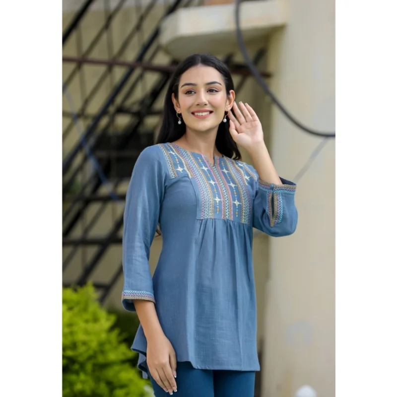 Generic Women's Cotton Embroidered 3/4 Sleeve V-Neck Top (Blue) - Image 3