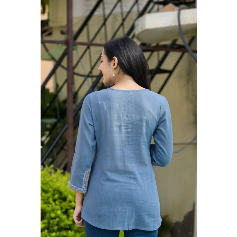 Generic Women's Cotton Embroidered 3/4 Sleeve V-Neck Top (Blue) - Image 6