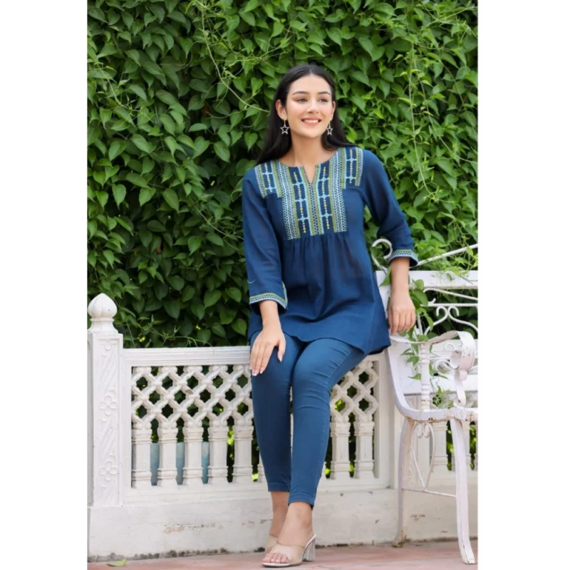 Generic Women's Cotton Embroidered 3/4 Sleeve V-Neck Top (Navy Blue) - Image 2