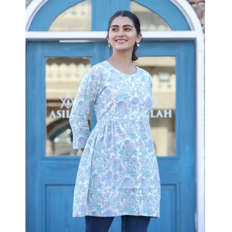 Generic Women's Cotton Printed 3/4 Sleeve Round Neck Tunics (White-Purple) - Image 5