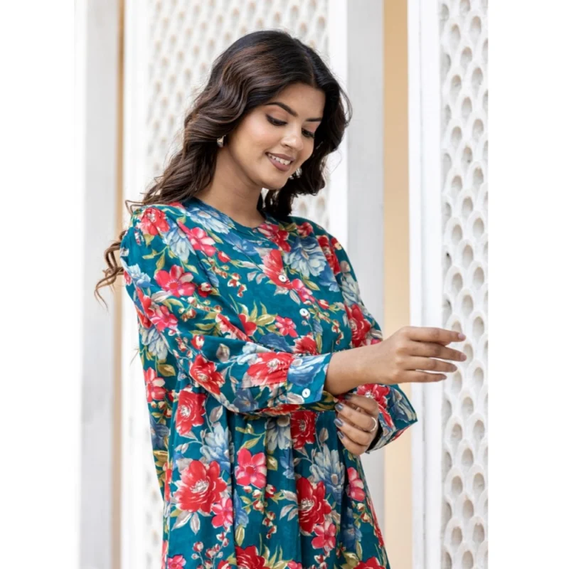 Generic Women's Cotton Printed Full Sleeve Mandarin collar Top (Sea Green) - Image 2