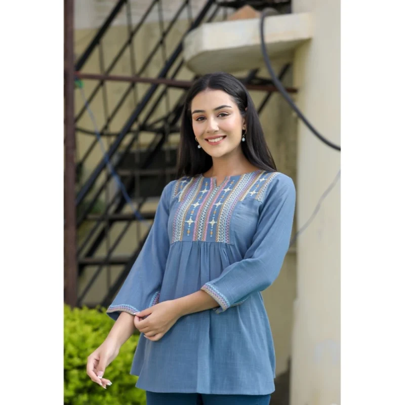 Generic Women's Cotton Embroidered 3/4 Sleeve V-Neck Top (Blue) - Image 4