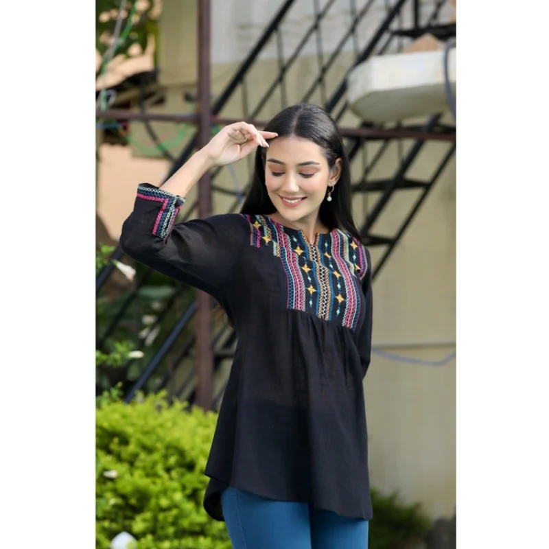 Generic Women's Cotton Embroidered 3/4 Sleeve V-Neck Top (Black) - Image 4