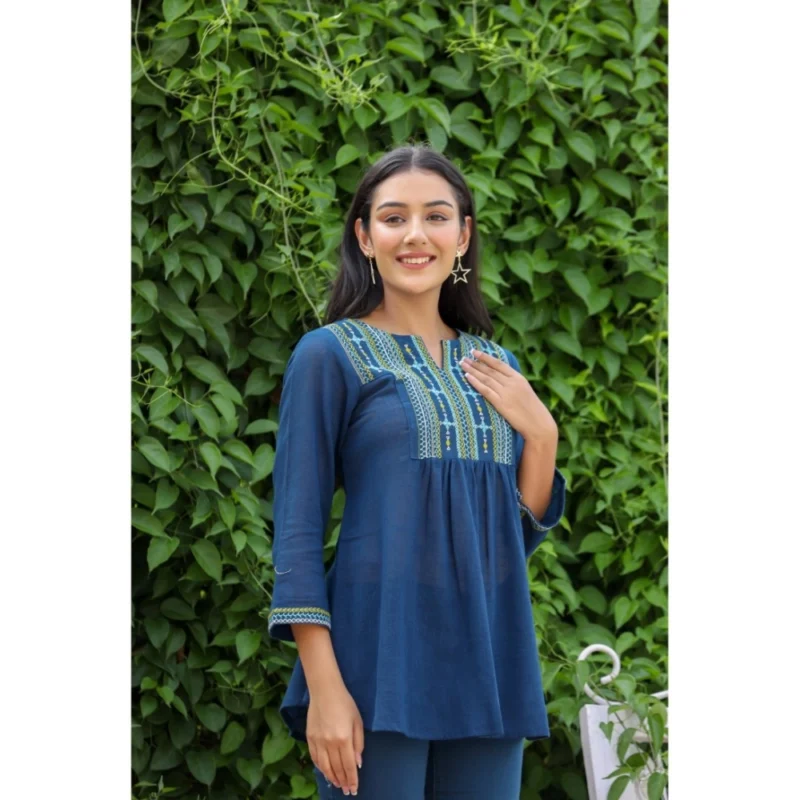 Generic Women's Cotton Embroidered 3/4 Sleeve V-Neck Top (Navy Blue) - Image 3