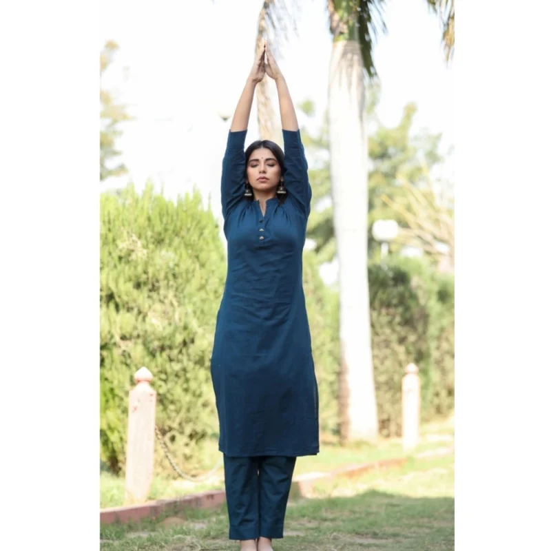 Generic Women's Cotton Solid 3/4 Sleeve Mandarin collar Kurti (Blue) - Image 7