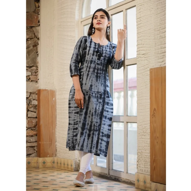 Generic Women's Cotton Dyed 3/4 Sleeve Round Neck Kurti (Black) - Image 4