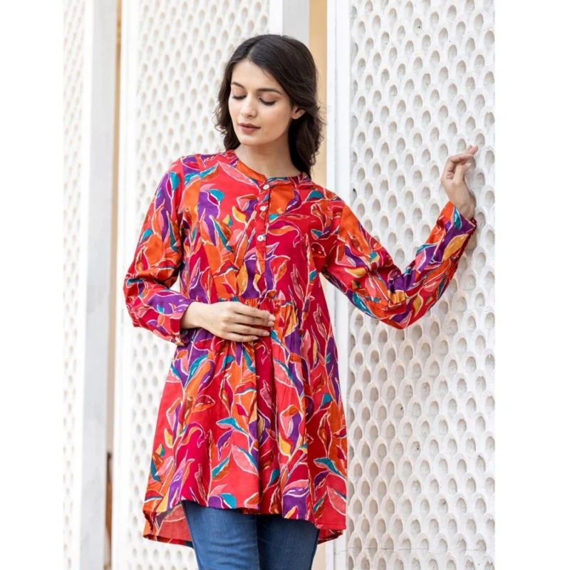 Generic Women's Cotton Printed Full Sleeve Mandarin collar Top (Red) - Image 4