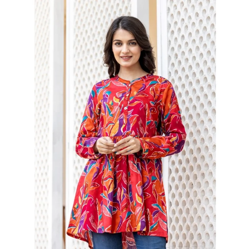 Generic Women's Cotton Printed Full Sleeve Mandarin collar Top (Red) - Image 3
