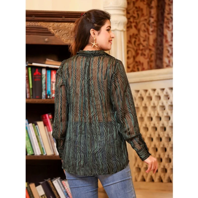 Generic Women's Chiffon Striped Full Sleeve Collared Shirt Top (Green) - Image 6