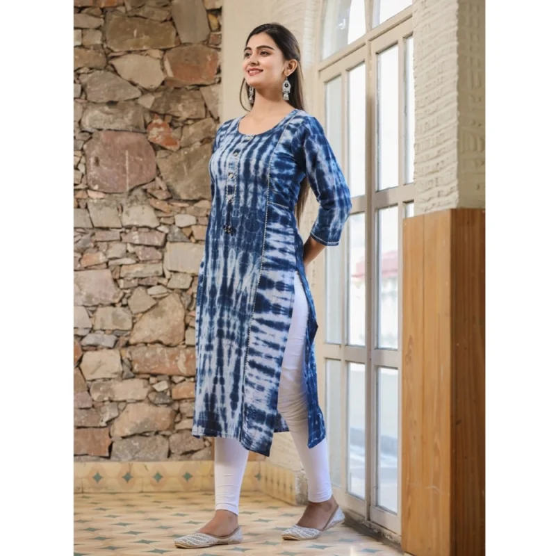 Generic Women's Cotton Dyed 3/4 Sleeve Round Neck Kurti (Blue) - Image 4