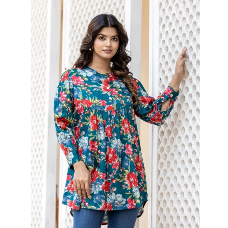 Generic Women's Cotton Printed Full Sleeve Mandarin collar Top (Sea Green) - Image 5