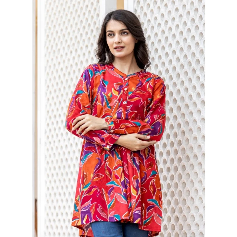 Generic Women's Cotton Printed Full Sleeve Mandarin collar Top (Red) - Image 7