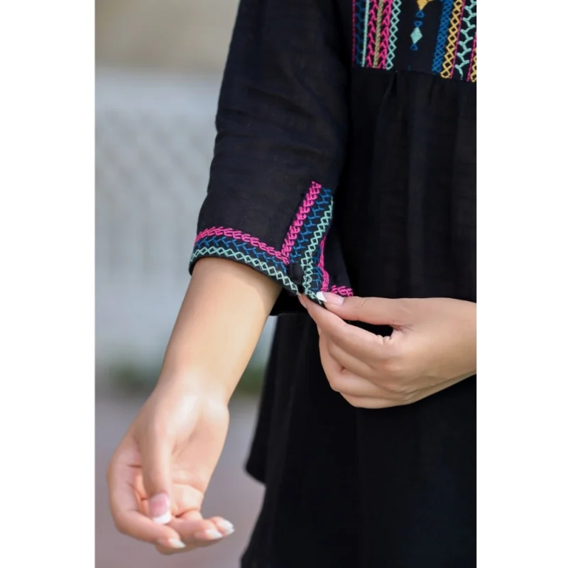 Generic Women's Cotton Embroidered 3/4 Sleeve V-Neck Top (Black) - Image 2