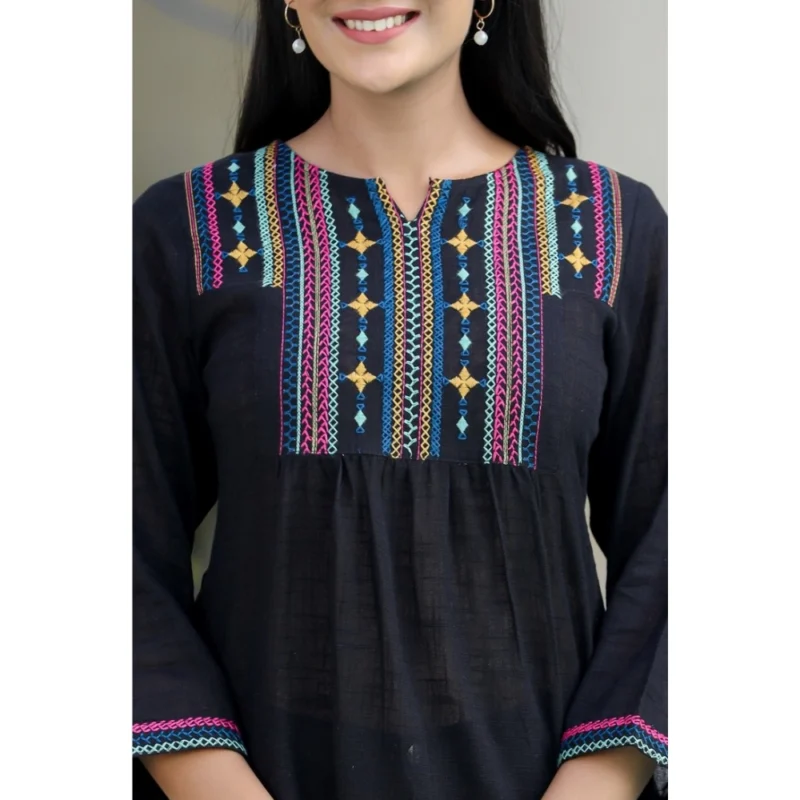 Generic Women's Cotton Embroidered 3/4 Sleeve V-Neck Top (Black) - Image 3