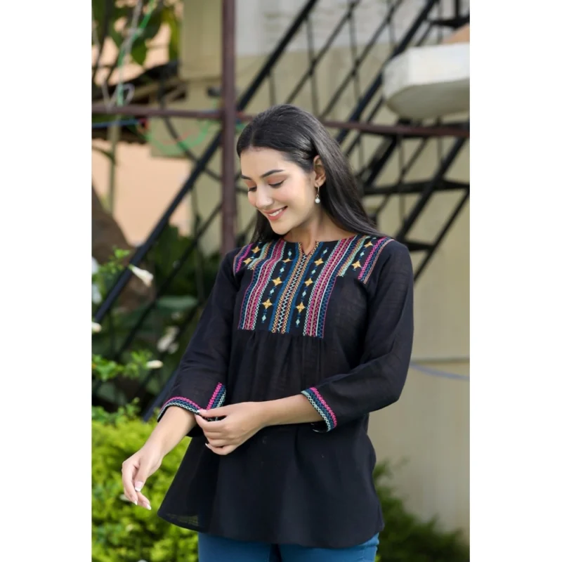 Generic Women's Cotton Embroidered 3/4 Sleeve V-Neck Top (Black) - Image 5