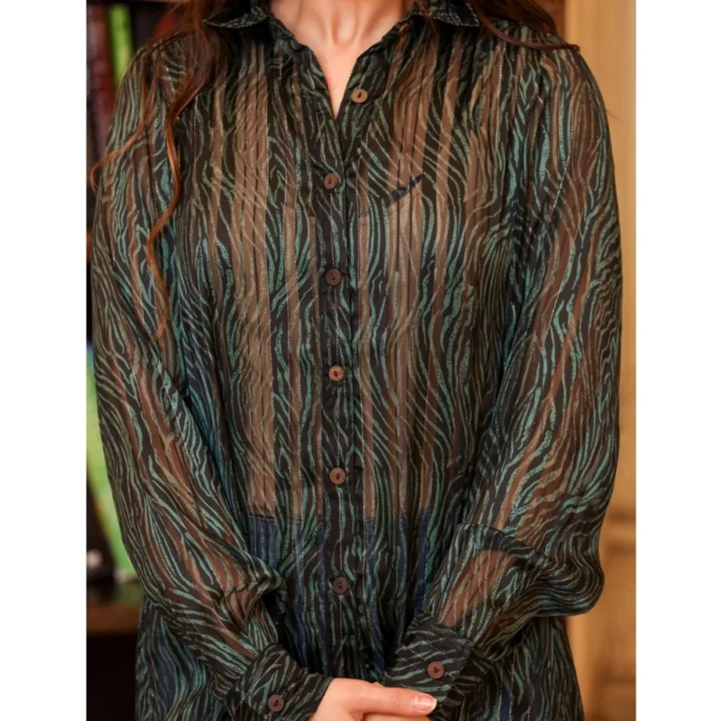 Generic Women's Chiffon Striped Full Sleeve Collared Shirt Top (Green) - Image 2