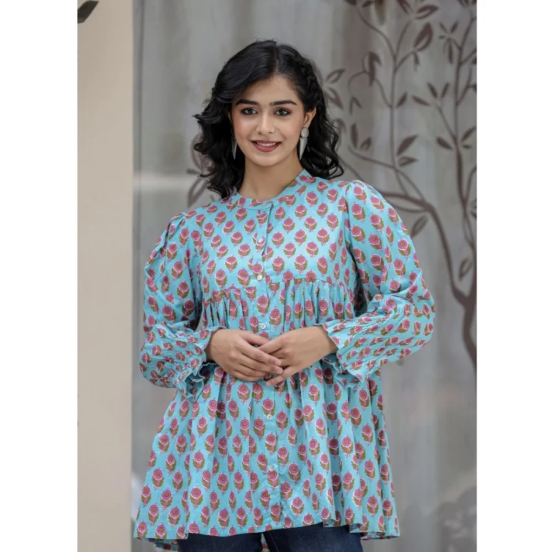 Generic Women's Cotton Printed Full Sleeve Mandarin collar Tunics (Turquoise) - Image 6