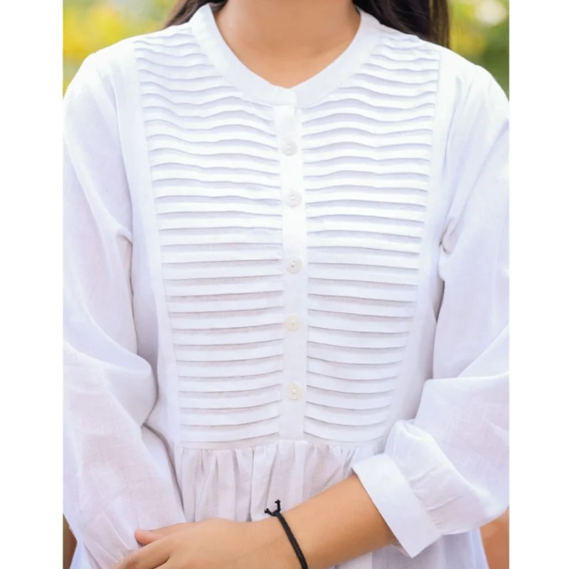 Generic Women's Cotton Solid Full Sleeve Band collar Tunic (White) - Image 2