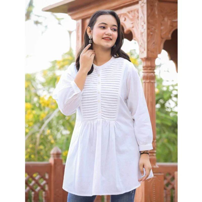Generic Women's Cotton Solid Full Sleeve Band collar Tunic (White) - Image 7