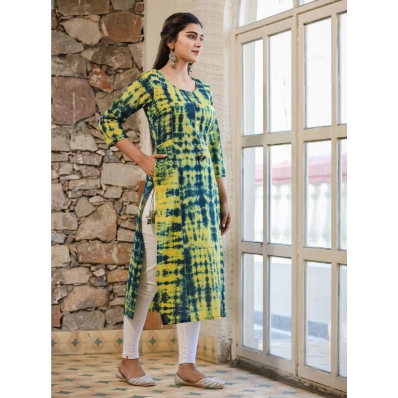Generic Women's Cotton Dyed 3/4 Sleeve Round Neck Kurti (Green) - Image 4