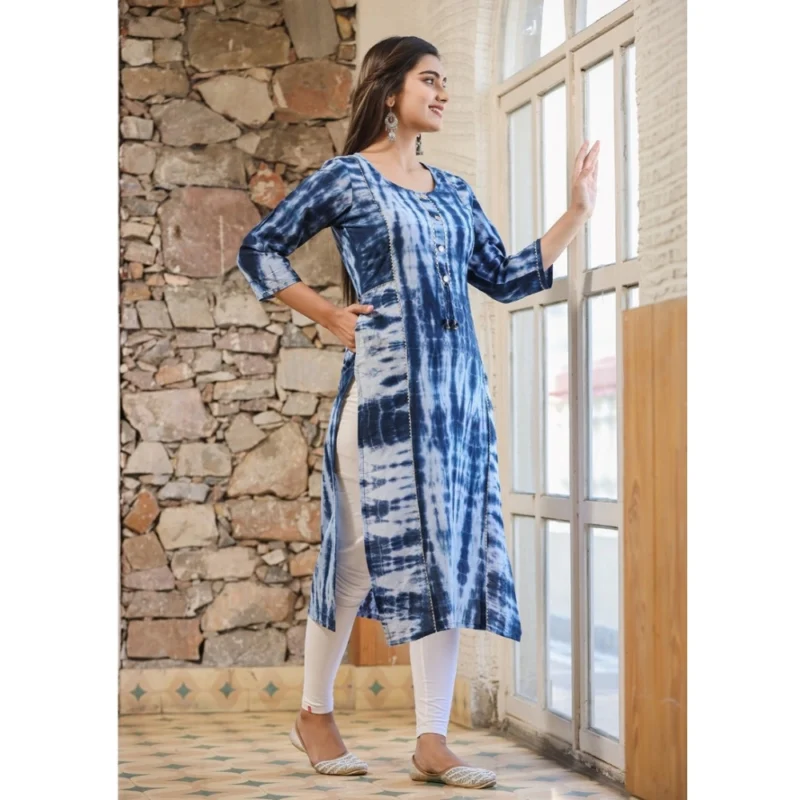 Generic Women's Cotton Dyed 3/4 Sleeve Round Neck Kurti (Blue) - Image 5