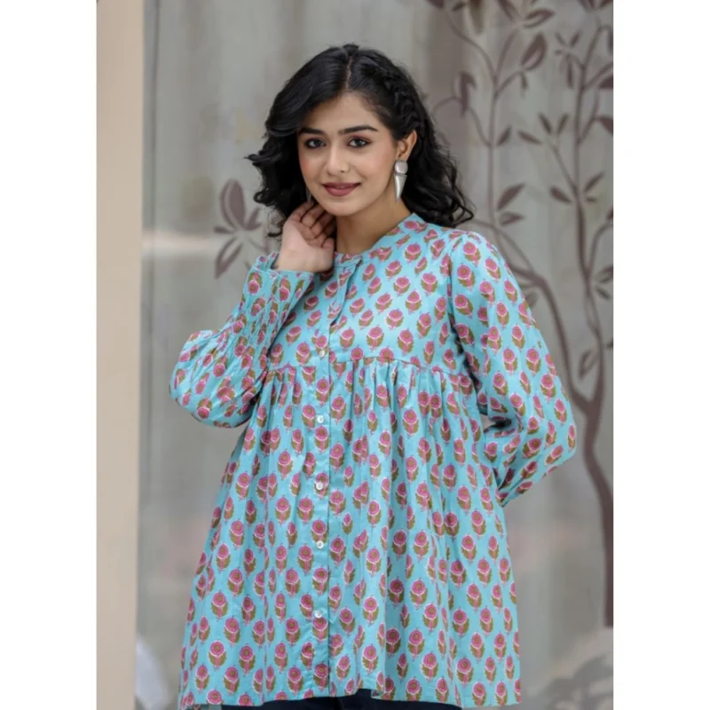 Generic Women's Cotton Printed Full Sleeve Mandarin collar Tunics (Turquoise) - Image 3