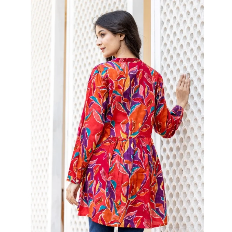 Generic Women's Cotton Printed Full Sleeve Mandarin collar Top (Red) - Image 5