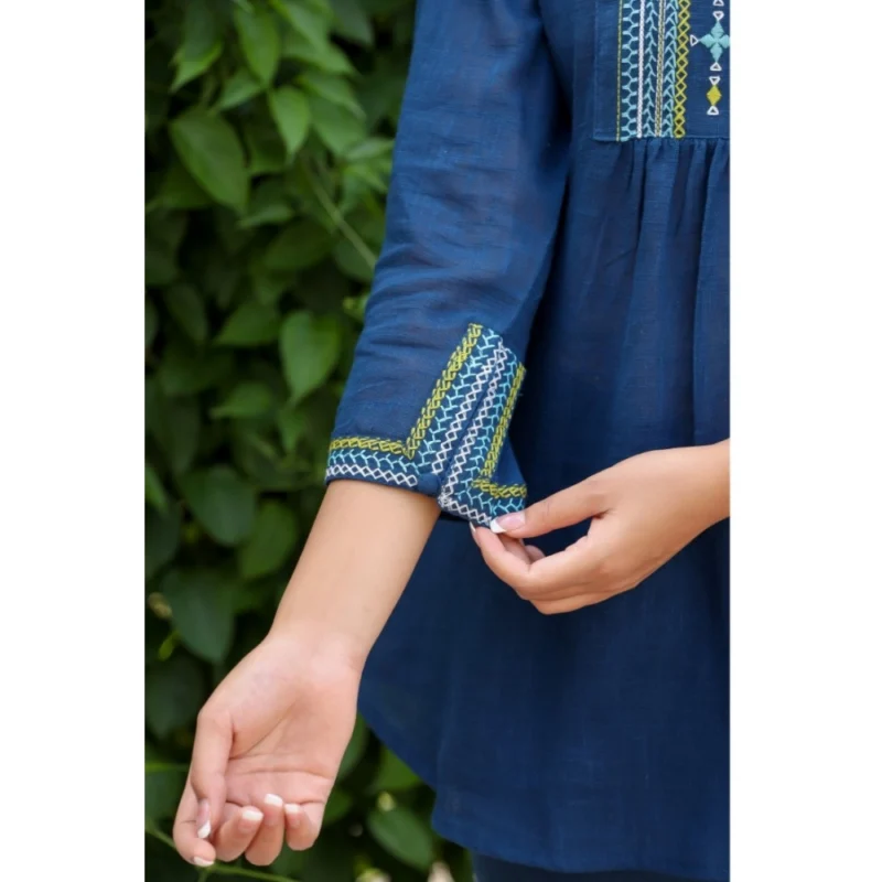 Generic Women's Cotton Embroidered 3/4 Sleeve V-Neck Top (Navy Blue) - Image 5