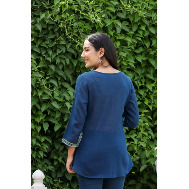 Generic Women's Cotton Embroidered 3/4 Sleeve V-Neck Top (Navy Blue) - Image 7
