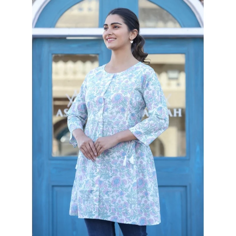 Generic Women's Cotton Printed 3/4 Sleeve Round Neck Tunics (White-Purple) - Image 4
