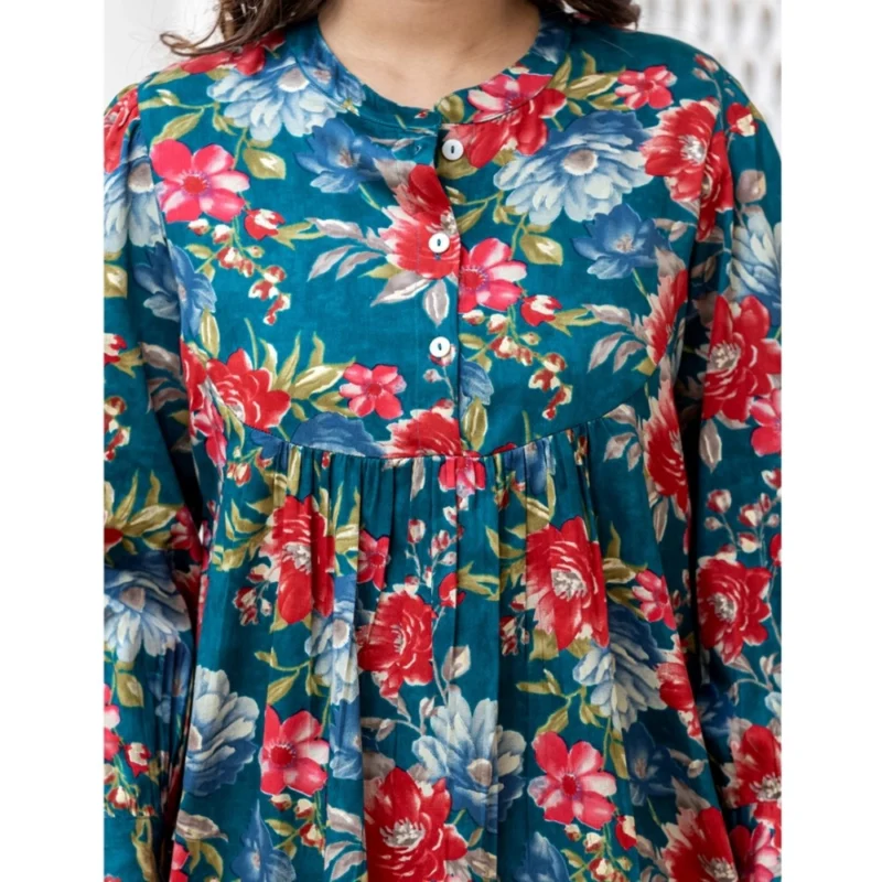 Generic Women's Cotton Printed Full Sleeve Mandarin collar Top (Sea Green) - Image 3