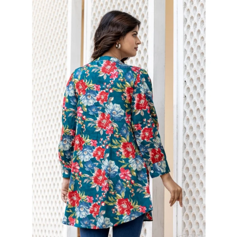Generic Women's Cotton Printed Full Sleeve Mandarin collar Top (Sea Green) - Image 7