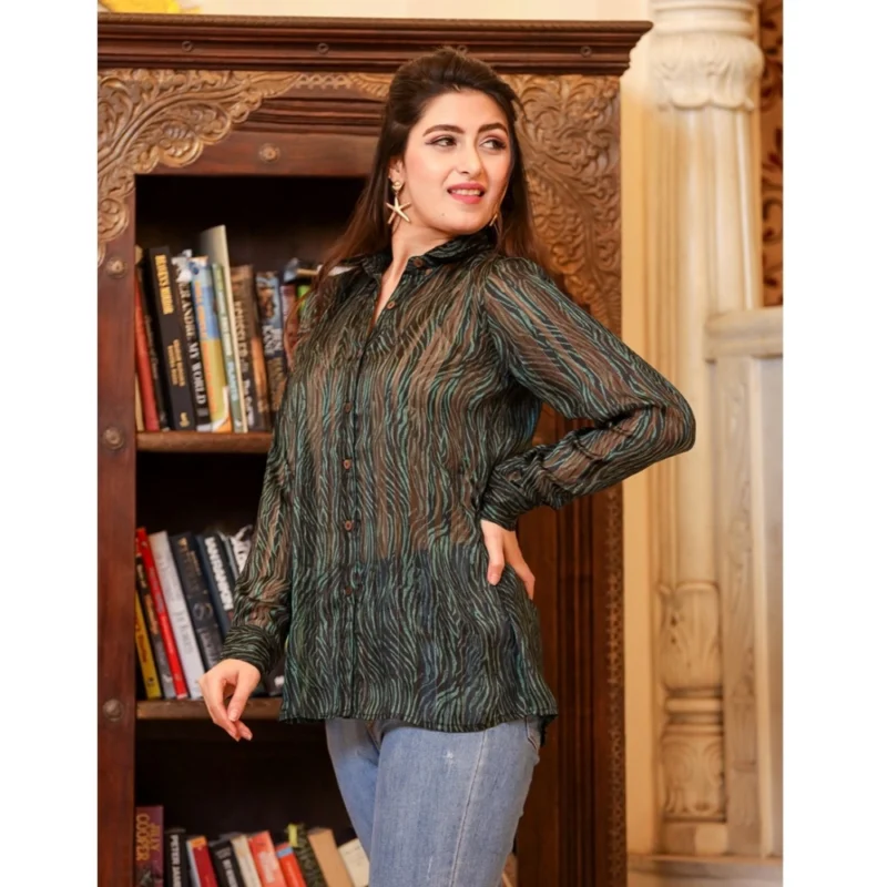 Generic Women's Chiffon Striped Full Sleeve Collared Shirt Top (Green) - Image 3