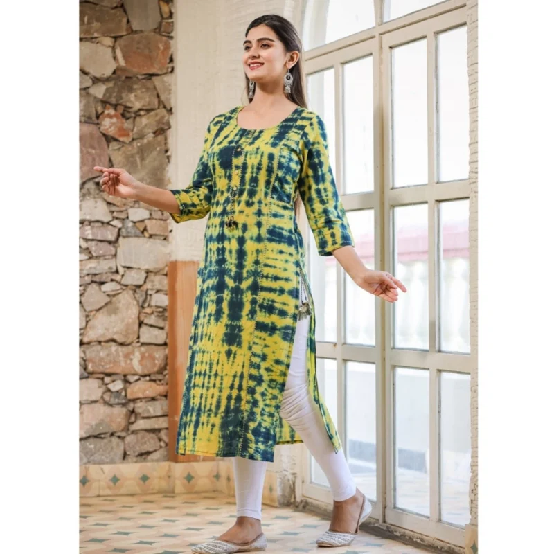 Generic Women's Cotton Dyed 3/4 Sleeve Round Neck Kurti (Green) - Image 3