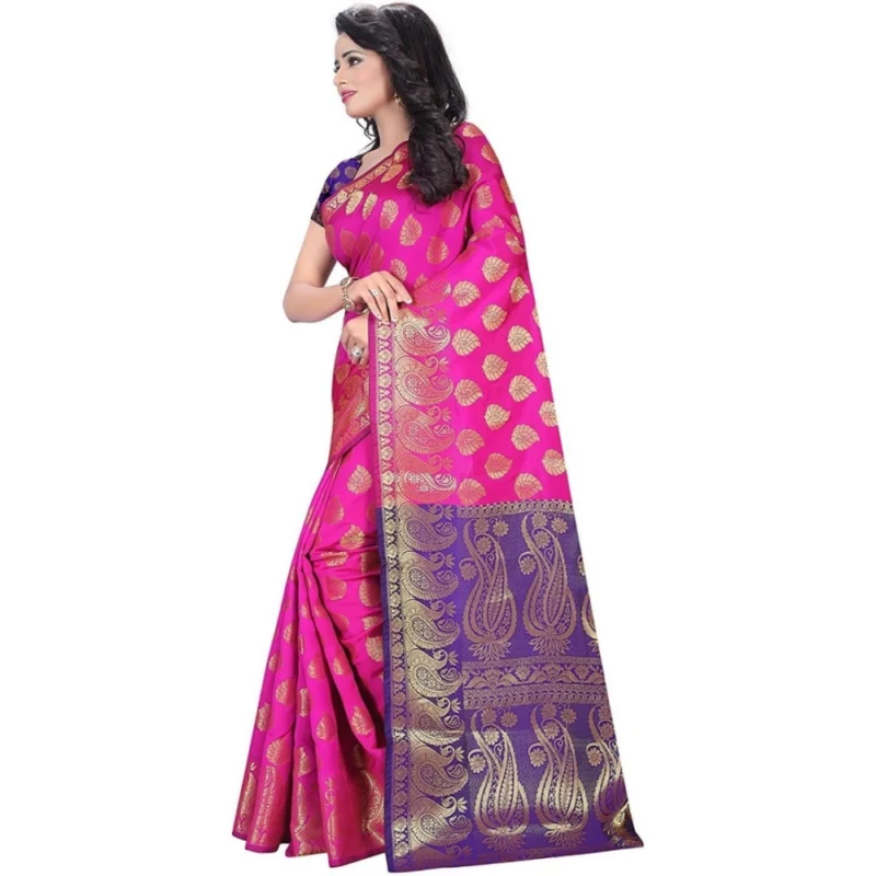 Generic Women's Jacquard Woven Saree With Unstitched Blouse 5.5Mtr (Pink) - Image 4