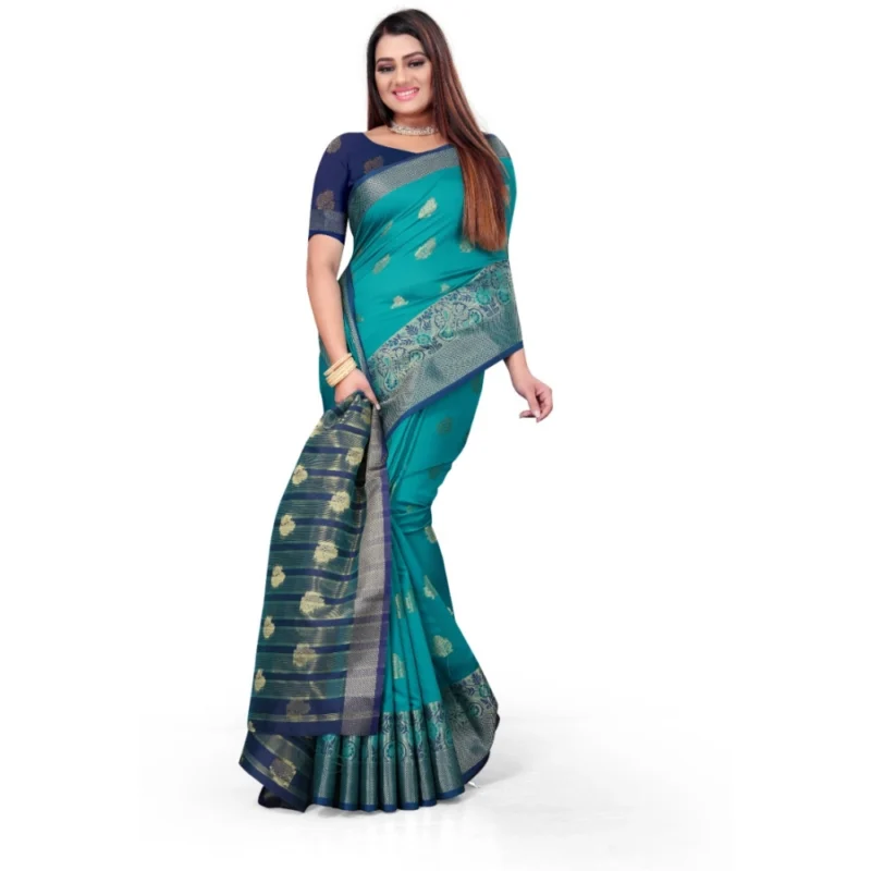 Generic Women's Silk Blend Woven Saree With Unstitched Blouse 5.5Mtr (Green) - Image 3