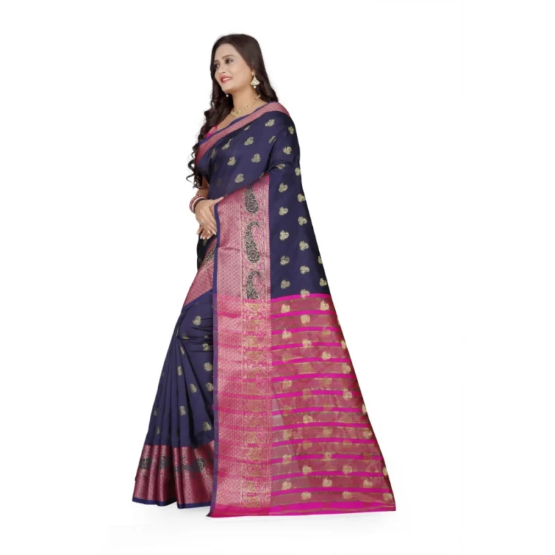 Generic Women's Jacquard Woven Saree With Unstitched Blouse 5.5Mtr (Dark Blue) - Image 2