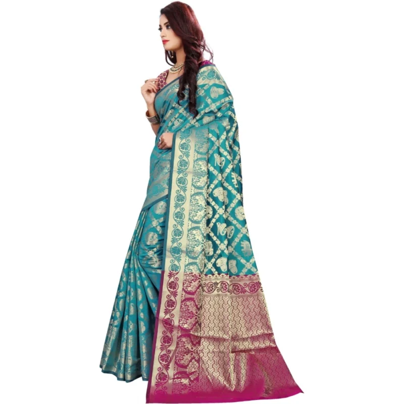 Generic Women's Jacquard Woven Saree With Unstitched Blouse 5.5Mtr (Light Blue) - Image 3