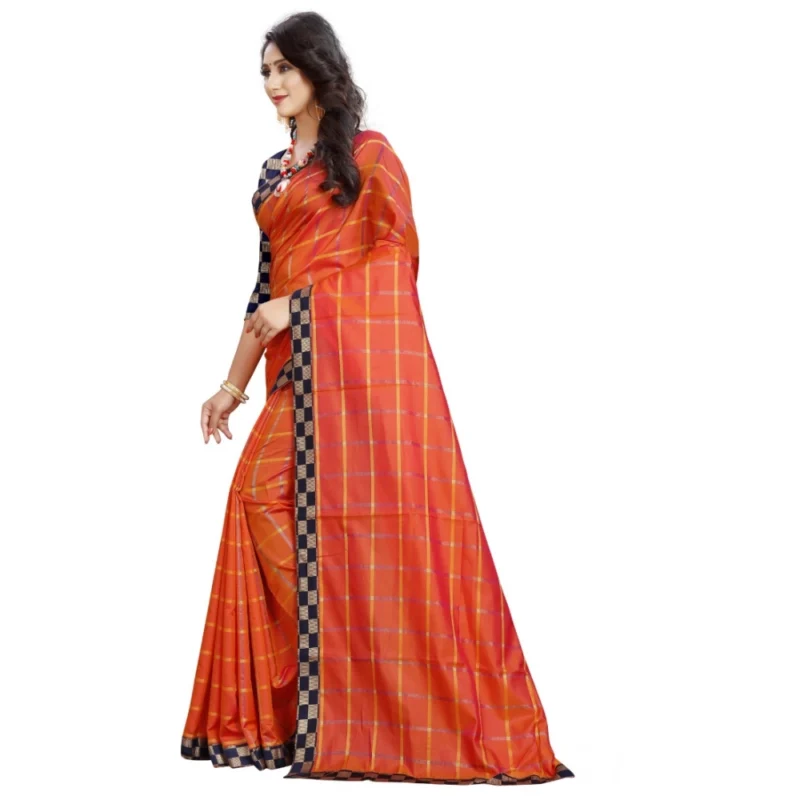 Generic Women's Cotton Silk Checkered Saree With Unstitched Blouse 5.5Mtr (Orange) - Image 2