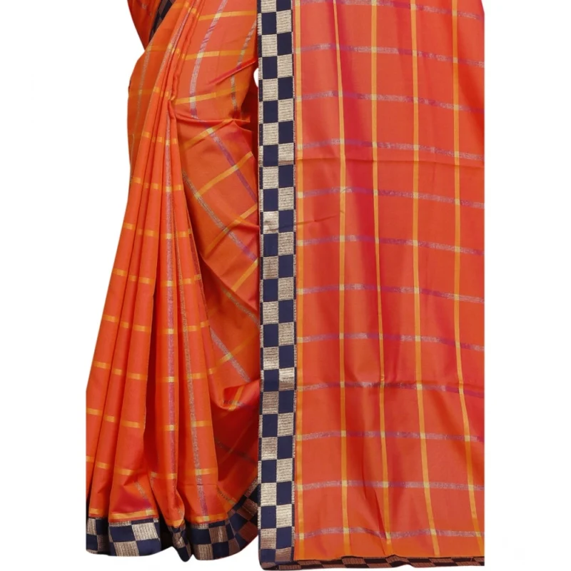 Generic Women's Cotton Silk Checkered Saree With Unstitched Blouse 5.5Mtr (Orange) - Image 3