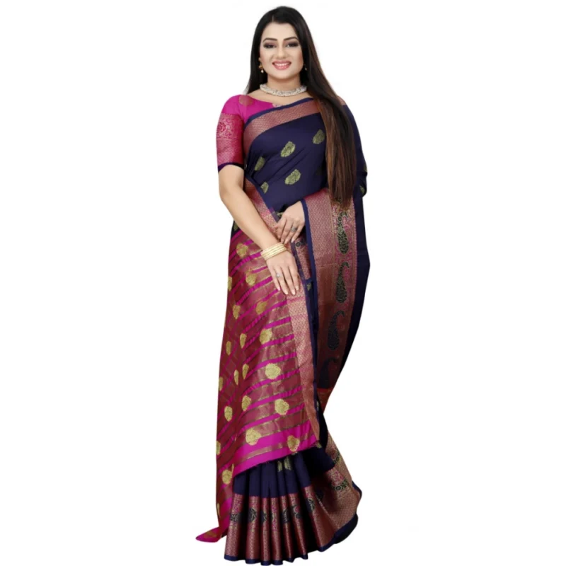 Generic Women's Silk Blend Woven Saree With Unstitched Blouse 5.5Mtr (Dark Blue-Pink) - Image 3
