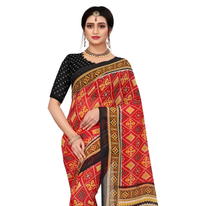 Generic Women's Georgette Floral Print Saree With Unstitched Blouse 5.5Mtr (Red) - Image 2