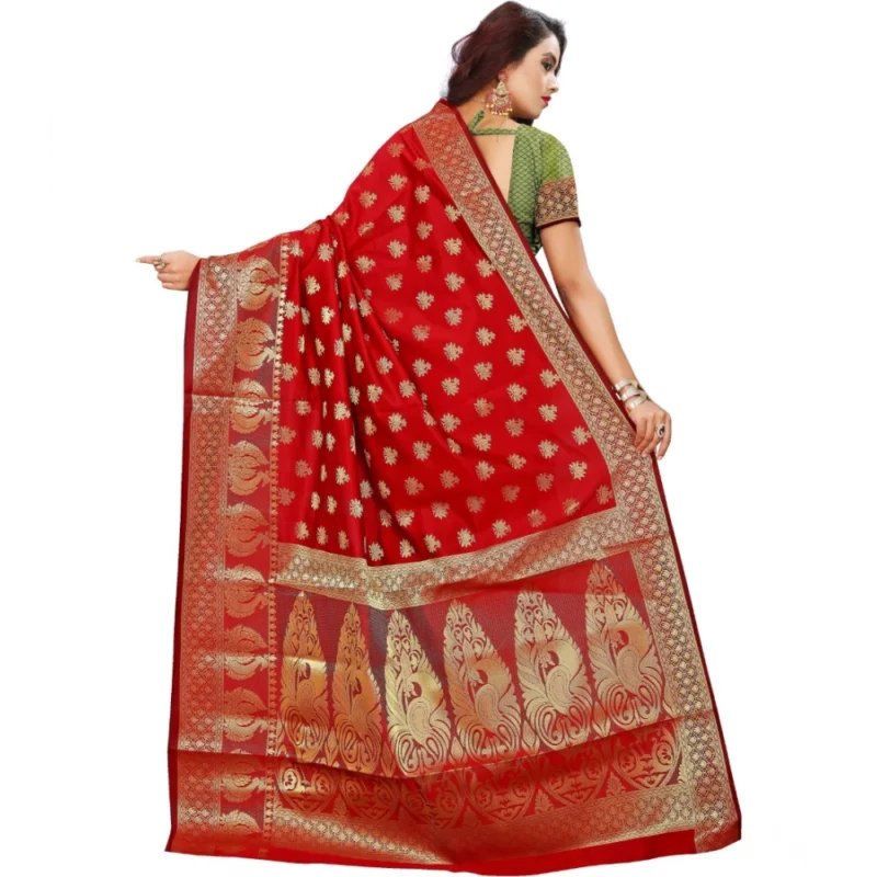 Generic Women's Jacquard Woven Saree With Unstitched Blouse 5.5Mtr (Red) - Image 2