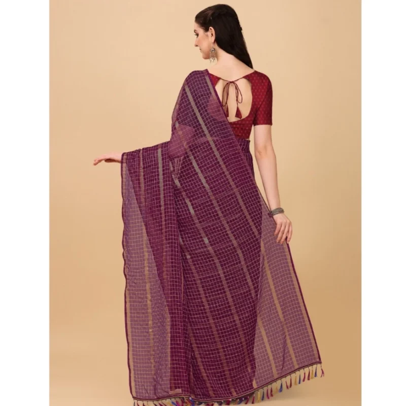 Generic Women's Silk Blend Checkered Saree With Unstitched Blouse 5.5Mtr (Maroon) - Image 3