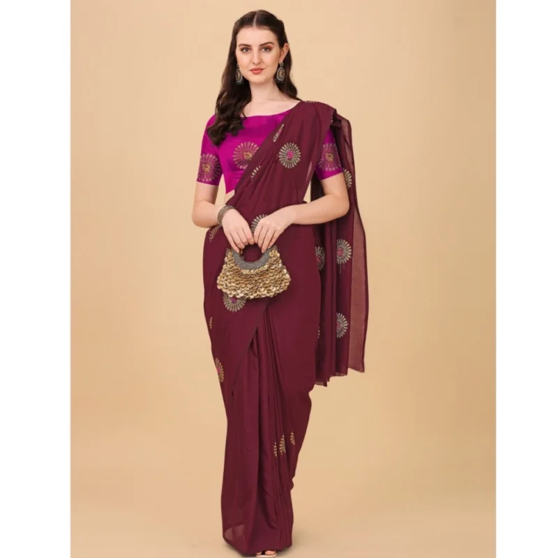 Generic Women's Silk Blend Embroidered Saree With Unstitched Blouse 5.5Mtr (Brown) - Image 4
