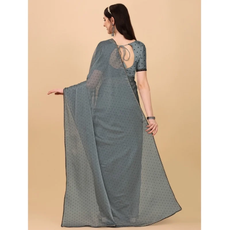 Generic Women's Silk Blend Embellished Saree With Unstitched Blouse 5.5Mtr (Silver) - Image 3