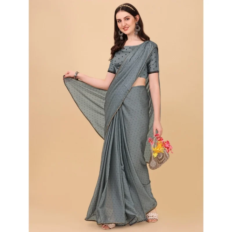 Generic Women's Silk Blend Embellished Saree With Unstitched Blouse 5.5Mtr (Silver) - Image 4