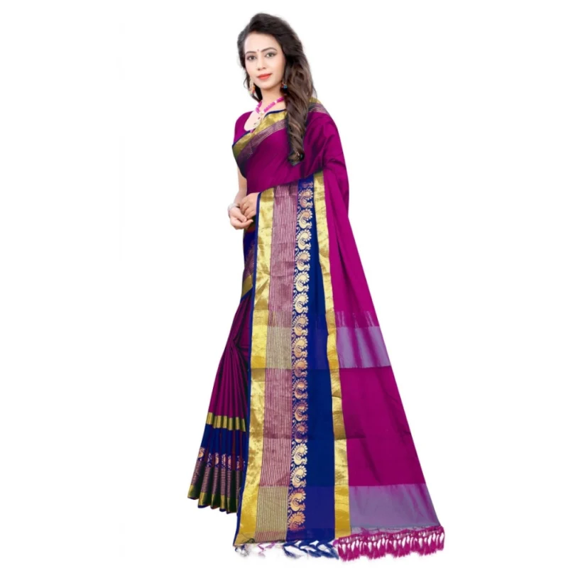 Generic Women's Jacquard Woven Saree With Unstitched Blouse 5.5Mtr (Purple) - Image 2